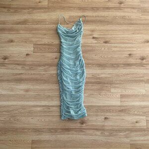Aqua Bodycon Fitted Midi Dress Ruched Spaghetti Straps